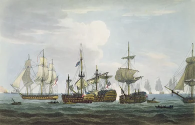 Situation of HMS Temeraire at The Battle of Trafalgar on 21st October, 1805, engraved by T. Sutherland for 
